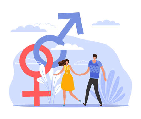 Classical orientation. Heterosexual couple holding hands on date, family walking, romantic relationships, man and woman marriage, mars and venus sign, vector people cartoon flat conceptのイラスト素材