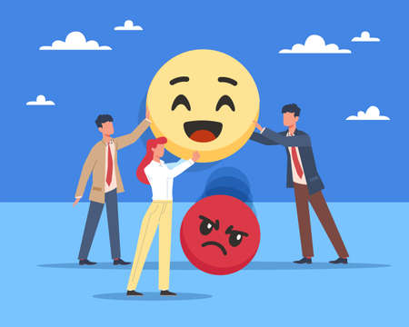 Choices positivity. Symbolic meaning, expression of mood, happy and sad emotion, people thinking positive, team change behavior. Mental health concept, vector isolated illustrationのイラスト素材