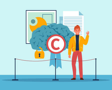 Copyright. Protection intellectual property on internet, product trademark, businessman owner standing with brain, legal owner information. Trading license. Vector cartoon flat conceptのイラスト素材