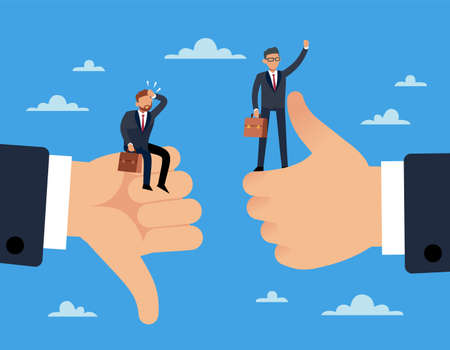 Good luck and bad luck. Praise and blame, thumb up and down sign, happy successful and sad businessman, business and career development, goal achievement, vector cartoon flat conceptのイラスト素材