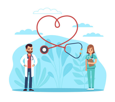 Health care system of organs in diseases. Cardiology clinic. Male and female doctor, stethoscope in heart form. professional treatment and healing. Vector cartoon flat medical conceptのイラスト素材