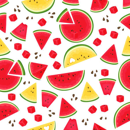 Watermelon seamless pattern. Summer juicy fruit, red and yellow slices with seeds, sweet cubes, bright color wallpaper, tropical tasty berries, recent background, decor textile, vector printのイラスト素材