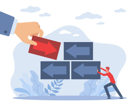 Competition. Hindrances to progress, difficulties in business, life and at work. Man moving arrow,...