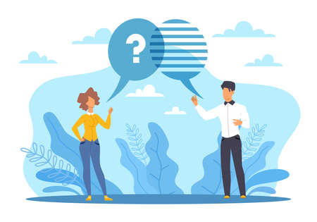 Dialogue and communication. Speech bubble with question, problem explanation, man and woman discussion. Information customer support, consultation, vector cartoon flat faq conceptのイラスト素材