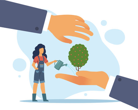Environmental support. Women watering tree, people planting forest, earth ecosystem, save the planet, ecology global organization. Climate change. Gardener with watering can vector conceptのイラスト素材