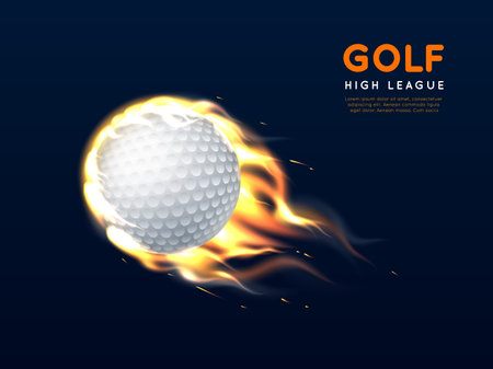 Golf ball in fire. Realistic flying white ball with flame, burning sport object, club strong blow, 3d isolated fast moving hot element, sport club or competition poster, utter vector conceptのイラスト素材
