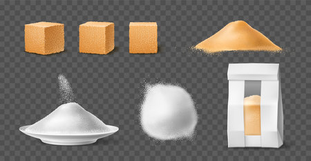 Realistic sugar. Sucrose powder and lumps, brown cane cubes and white flour, sweet ingredient, natural product, glucose and fructose piles, blank package, utter vector setのイラスト素材