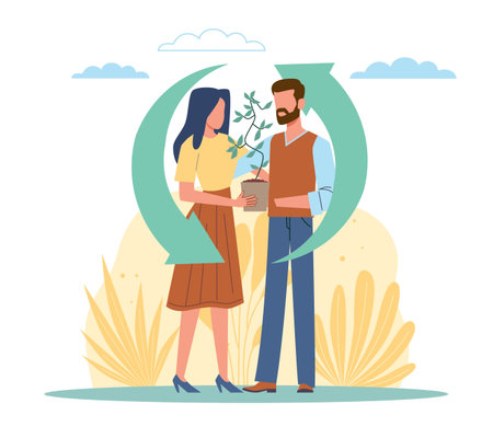Taking care of environment. Eco friendly disposal. Man and woman hold tree, recycling sign, earth ecosystem, ecological characters, vector cartoon flat save the planet and zero waste conceptのイラスト素材