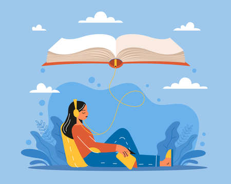 Audiobook. Online Library, young girl in headphones with book, listening audio, education and e-learning, online media. Enjoying literature and learning, vector cartoon flat conceptのイラスト素材