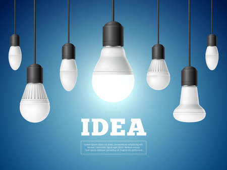 Idea light bulb. Realistic modern interior lamps, brainstorm and sudden thought, electric glowing element, on and off objects, creative thinking, banner or poster, utter vector conceptのイラスト素材