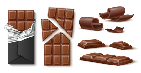 Realistic chocolate. Dark and milk chocolate bars, sweet cocoa product, wrapped, whole and pieces, dessert food, tasty large chips, confectionery snack utter vector isolated setのイラスト素材