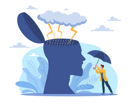 Sad feeling of depression. Bad mood, anger and stress, need help psychologist, human head with rain and lightning above, man with umbrella, mental problems, vector cartoon flat conceptのイラスト素材