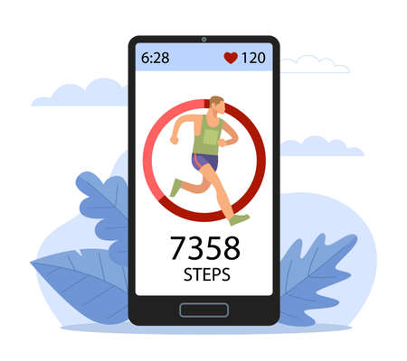 Sports tracker. Heart rate monitoring device, step counter, daily footsteps, running man on smartphone device screen, application design. Fitness tracking app, vector cartoon flat conceptのイラスト素材