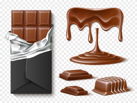 Realistic chocolate cacao. Icing candies, dark and milk pieces, smudges and jets, healthy sweets, whole and pieces, chocolate addiction, bar in foil, confectionery snack utter vector setのイラスト素材