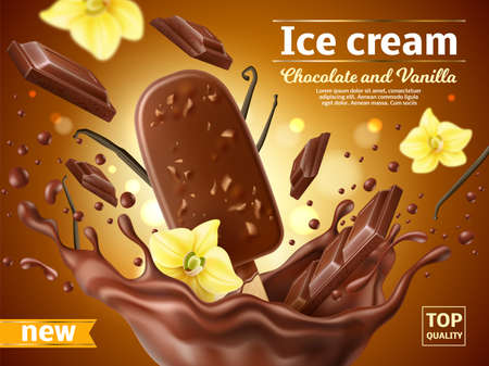 Realistic ice cream poster. Chocolate ice cream with vanilla flavor in cocoa splash, flying flowers, glaze with nuts, summer product advertising, promotional banner, utter vector 3d conceptのイラスト素材