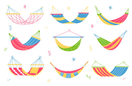 Cartoon hammocks. Colorful summer garden swings, outdoor relax and comfort, backyard recreation, hanging fabric accessories, hand drawn relaxing elements, swanky vector isolated setのイラスト素材
