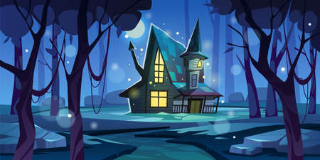 Dark forest house. Mysterious night home in wood, gaming location, spooky witch habitation, halloween nature landscape, horizontal illustration mystery moonlight, horror tidy vector conceptのイラスト素材