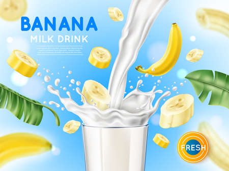 Banana splash poster. Realistic fruit milk advertising banner, yogurt jet, flying drops, white drink in glass cup, tropical green leaves, 3d elements, product presentation utter vector conceptのイラスト素材