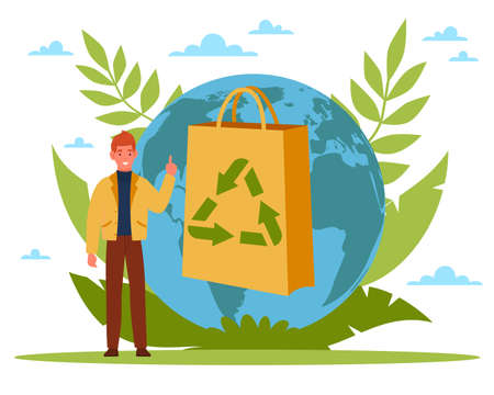 Biodegradable bag. Ecology of zero waste, tiny man with huge paper shopping packet, green reuse sign, save the planet, environment care, eco friendly people, vector cartoon flat conceptのイラスト素材