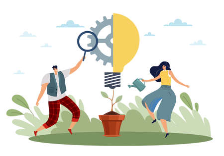 Creativity and analysis. Research of inventions, collaboration. Man with gear, woman with light bulb, work in process idea and implementation, vector cartoon flat conceptのイラスト素材