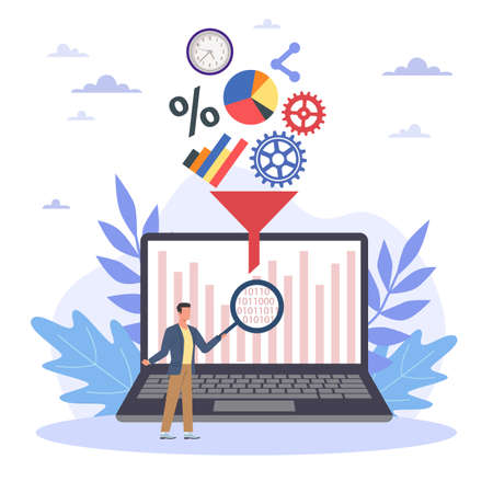 Data filter. Content analysis management for digital file collection system, man studying computer system, information filtering and analysis, vector cartoon flat database conceptのイラスト素材