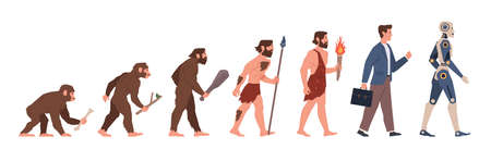 Man evolution. Human ancestor, step by step development, gradual biological genetic changes, from monkey to robot stages, human anthropology concept, nowaday vector cartoon flat setのイラスト素材