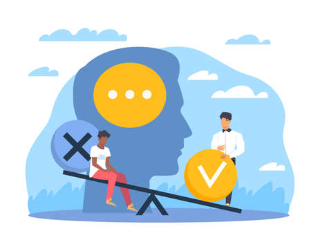 Uneven balance of judgments. Problem of public thinking and unfair treatment, prejudice opinions, people sit on the scales. Unconscious bias vector cartoon flat style conceptのイラスト素材