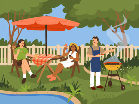 Backyard summer relax people. Barbecue party, beautiful garden, guy cooks bbq, girls sit at table outdoor, happy characters, family picnic, or party, tidy vector cartoon flat conceptのイラスト素材
