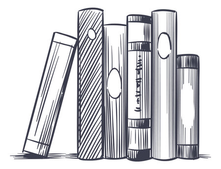 Books standing. Bookstore symbol sketch. Hand drawn bookshelfのイラスト素材