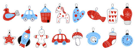 Christmas tree toys. Funny xmas decorations, holiday elements, winter house, cute animals, mitt and horse, festive patterned baubles, hand drawn elements, swanky vector doodle isolated setのイラスト素材