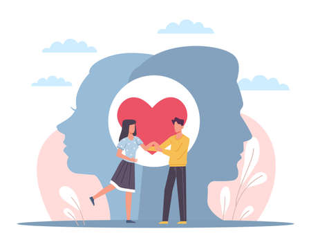 Couple in love. People solidarity. Friendship trust and union. Love mental emotional connection, romantic relationships, man and woman hold hands, head silhouette, vector cartoon conceptのイラスト素材
