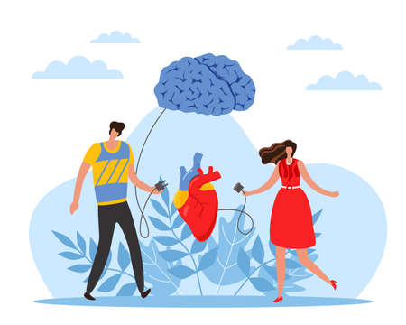 Connection between mind and heart. Common sense and emotions, balance of relationships, male and female type of decision making. Feelings and logic in couple vector cartoon flat conceptのイラスト素材