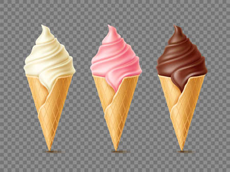 Different flavours ice cream. Waffle cones with frozen dessert, vanilla, chocolate and pink berry, soft milk creamy gelato, 3d isolated on transparent background elements utter vector setのイラスト素材