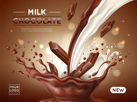 Chocolate poster. Realistic milk and cocoa streams, sweet natural product advertising banner, desert food, dark and white splash, promotional flyer template, utter vector 3d conceptのイラスト素材