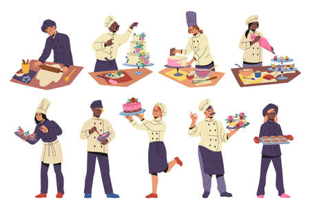 Confectioner characters. Professional chefs and confectioners, people in uniform with baking accessories, men and women make cakes, tasty pastries and cookies, tidy vector cartoon flat setのイラスト素材