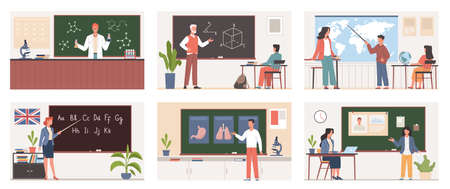 Different teachers with students. Classrooms school blackboards, teaching and lectures process, chemistry and geography, mathematics and languages, nowaday vector cartoon flat education setのイラスト素材