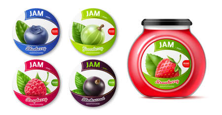 Realistic berry jam labels. Stickers on jars, sweet dessert product, organic food, raspberry and blueberry, currant and gooseberry, package design 3d isolated elements mockup utter vector setのイラスト素材