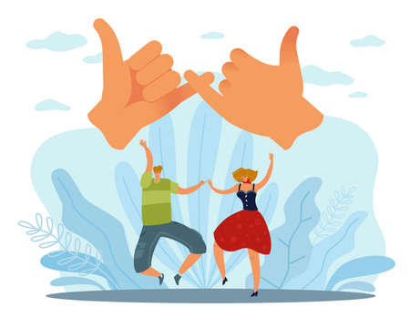 Sworn promise. An informal transaction, reconciliation gesture, friendship, pinky pledge oath. Happy couple hold hands. Friends communication, love and trust vector cartoon flat conceptのイラスト素材