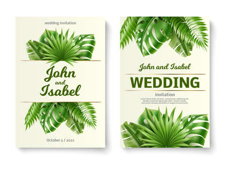 Tropical leaves wedding invitations. Gentle romantic cards with realistic exotic palm foliage, 3d banana and monstera green plants decoration, summer nature background, utter vector conceptのイラスト素材