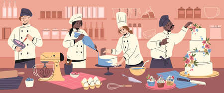 Confectioner characters. Cakes and pastries making process, funny chefs decorate sweets, professional cookers work, men and women in aprons on kitchen, tidy vector cartoon flat conceptのイラスト素材