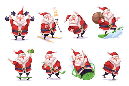 Sporting santa. Cute modern santa character, happy fitness christmas, healthy winter holiday, in gym with dumbbells, skiing and skateboarding, extreme sport, xmas tidy vector cartoon setのイラスト素材