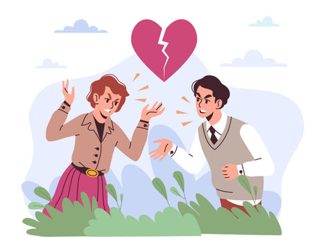Conflict in relationship between man and woman, aggressive disputes. Family emotional conversation, broken heart. Unhappy angry people, wife and husband. Vector cartoon flat conceptのイラスト素材