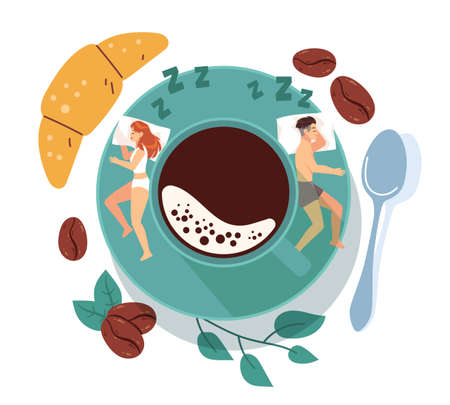 Monday hard morning, daily morning wake up challenge. Sleepy man and woman sleeping on pillows, coffee cup top view, espresso and croissant. Early breakfast. Vector cartoon flat conceptのイラスト素材