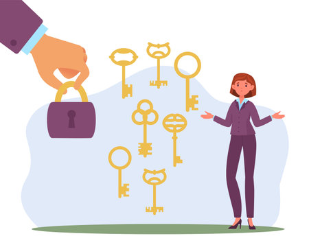 Finding solutions in various ways, directions and solutions. Business woman with different form keys, hand hold lock. Choosing right way to solve problem, vector cartoon flat conceptのイラスト素材
