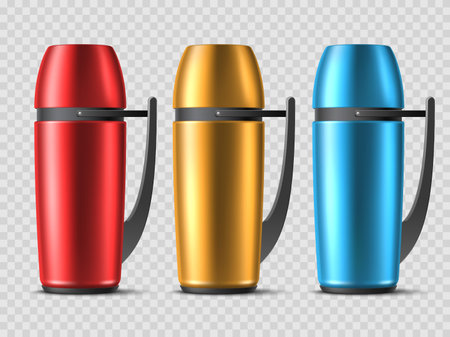Realistic flask. Different colors 3d hiking flasks with plastic handles, travelling tea, coffee bottles, hot drinks containers, stainless package for hot beverages utter vector setのイラスト素材