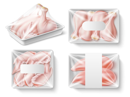 Tray packing chicken meat. Realistic raw turkey in plastic substrates with transparent polyethylene, products storage and packaging, whole poultry and parts, 3d elements utter vector setのイラスト素材