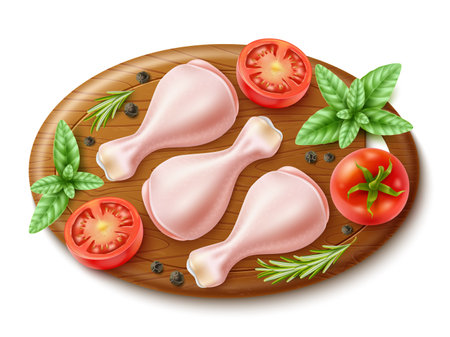 Raw chicken on cutting board. Realistic turkey drumsticks, cooking process, poultry legs with tomatoes, herbs and spices, uncooked barbecue and grill ingredient, utter vector isolated conceptのイラスト素材