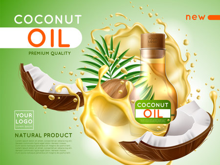 Realistic coconut oil poster. Care serum, liquid hair and skin care product, glass transparent bottle with nut pieces and splashes, marketing promotional banner, utter vector conceptのイラスト素材