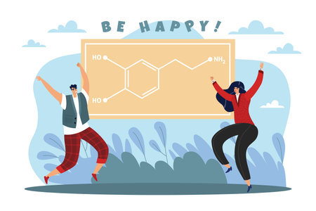 Chemical Happiness, organic formula sign for dopamine hormone and neurotransmitter. Happy man and woman jumping and dancing, love and pleasure feeling. Vector cartoon flat conceptのイラスト素材
