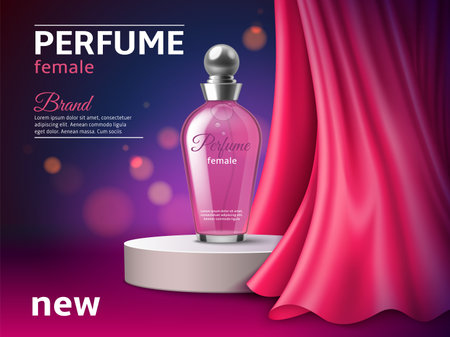 Cosmetic product silk podium. Realistic perfume bottle on presentation stage with red textile drapery, round pedestal, glass 3d phial, cosmetic glamour promotional banner, utter vector conceptのイラスト素材